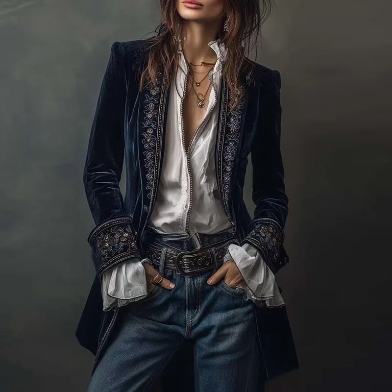 Winter Ethnic Fashion For Women - العرقية الرجعية الأزهار طباعة المخملية امرأة